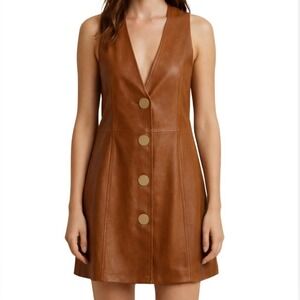 Zara Cognac Brown Faux-Leather V-Neck Mini Dress